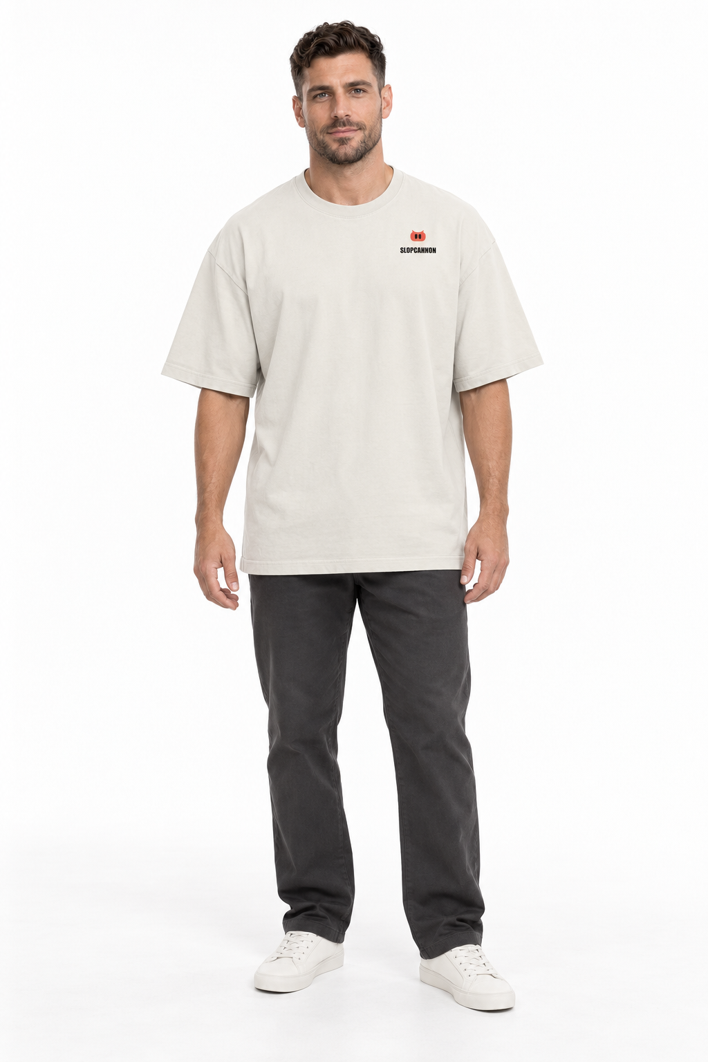 SLOPCANNON Snout Oversized Tee — Faded Bone — worn by a model