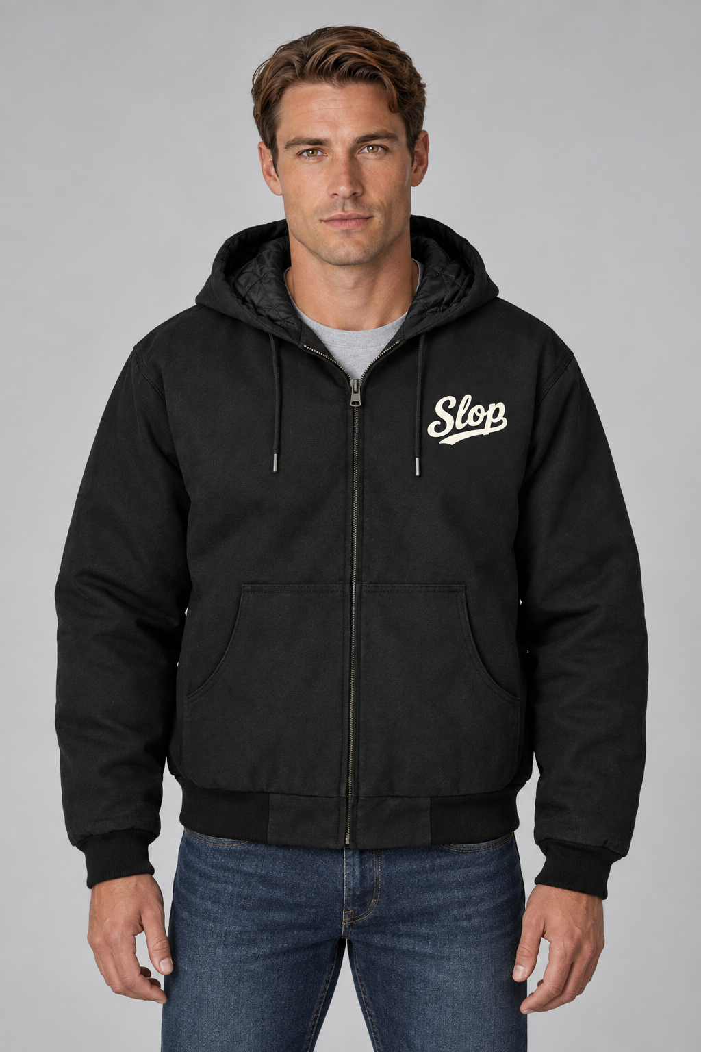 Man wearing the Slop Script Duck Work Jacket in Black