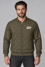 Man wearing the Slop Script Bomber Jacket in Woodland Camo, front