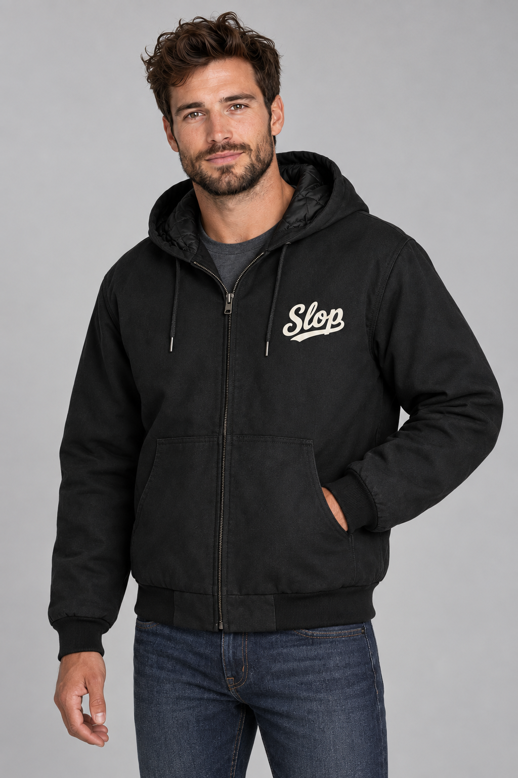 Man wearing the Slop Script Duck Work Jacket in Black