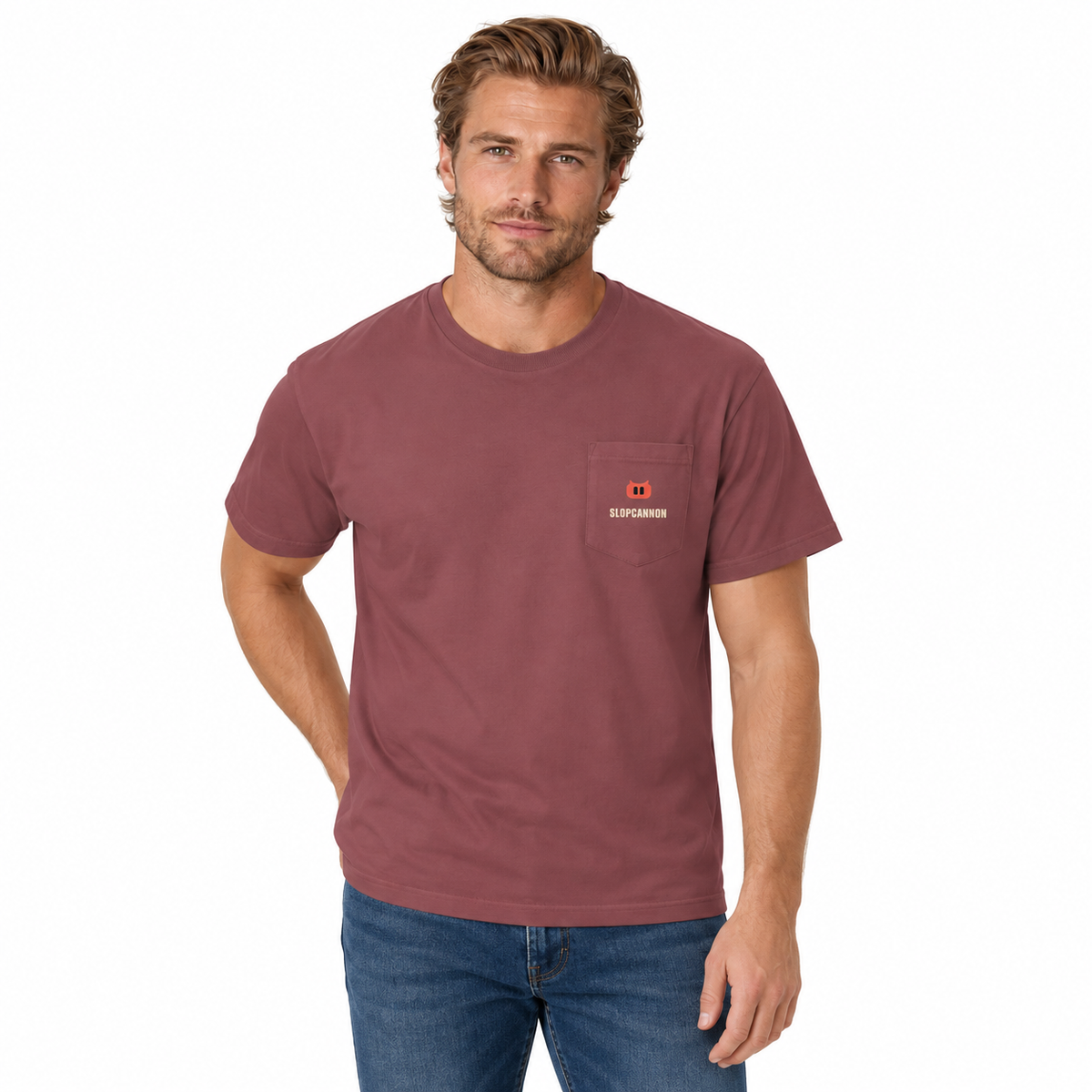 SLOPCANNON Pocket Tee in Brick, worn by a model