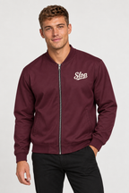 Man wearing the Slop Script Bomber Jacket in Oxblood