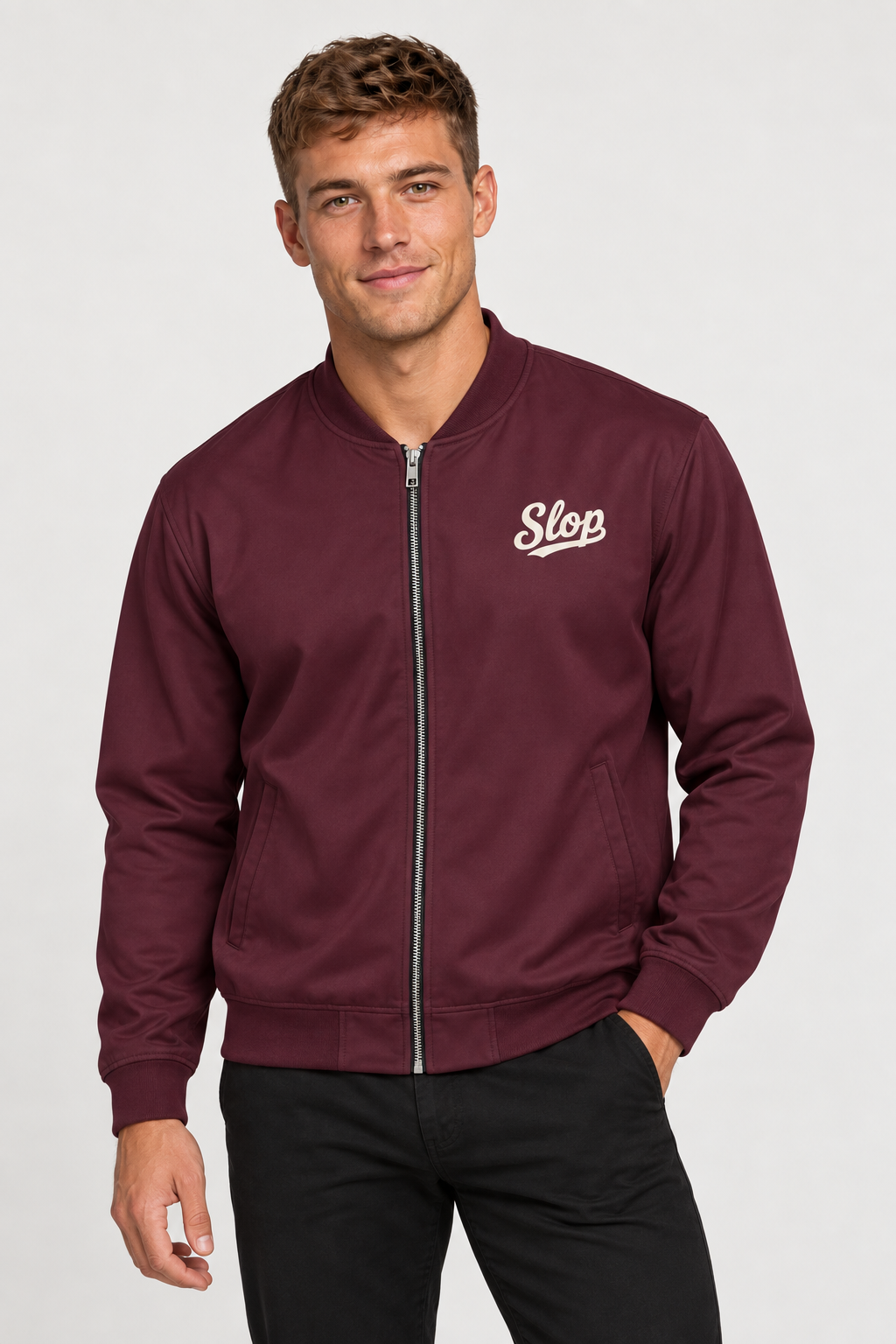 Man wearing the Slop Script Bomber Jacket in Oxblood