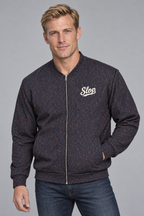Man wearing the Slop Script Bomber Jacket in Midnight Copper Paisley