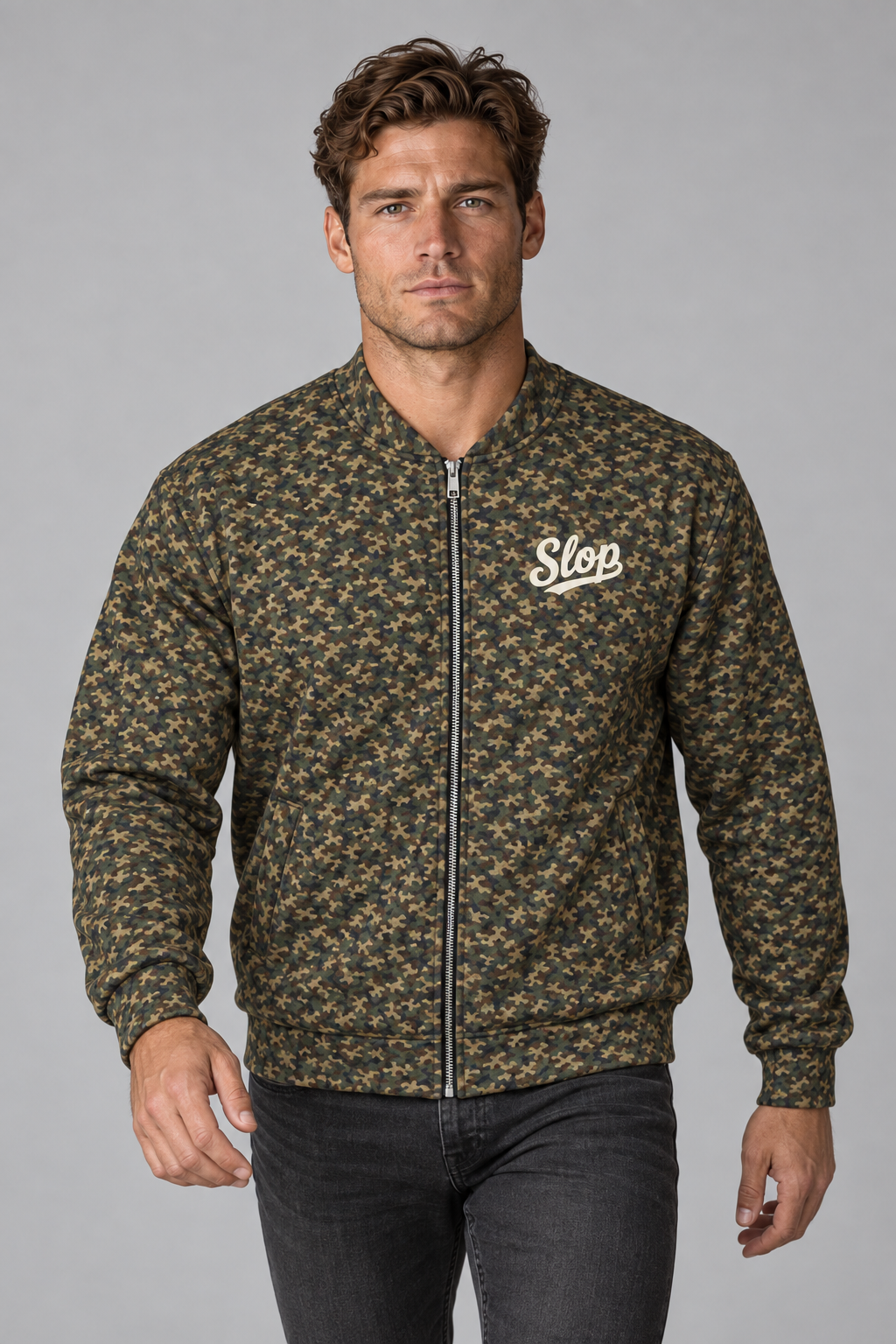 Man wearing the Slop Script Bomber Jacket in Woodland Camo, walking