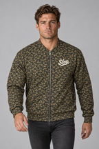 Man wearing the Slop Script Bomber Jacket in Woodland Camo, walking