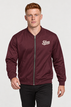 Man wearing the Slop Script Bomber Jacket in Oxblood