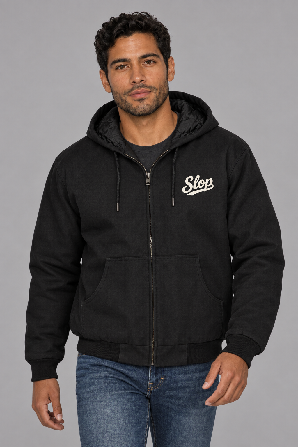 Man wearing the Slop Script Duck Work Jacket in Black