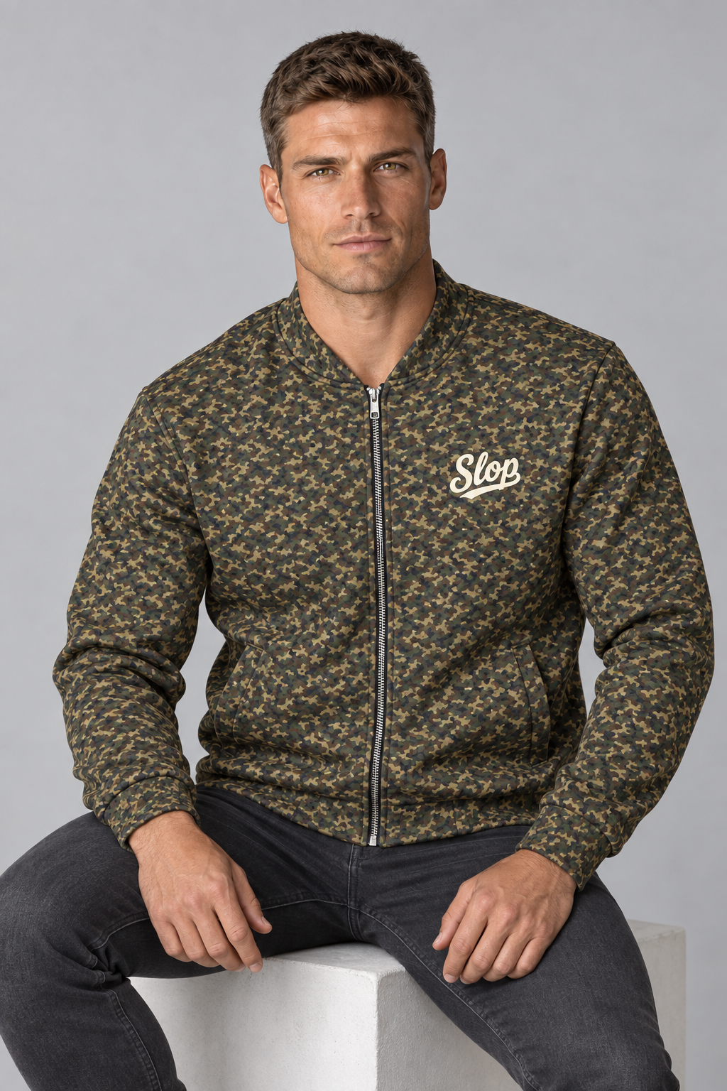Man wearing the Slop Script Bomber Jacket in Woodland Camo, seated