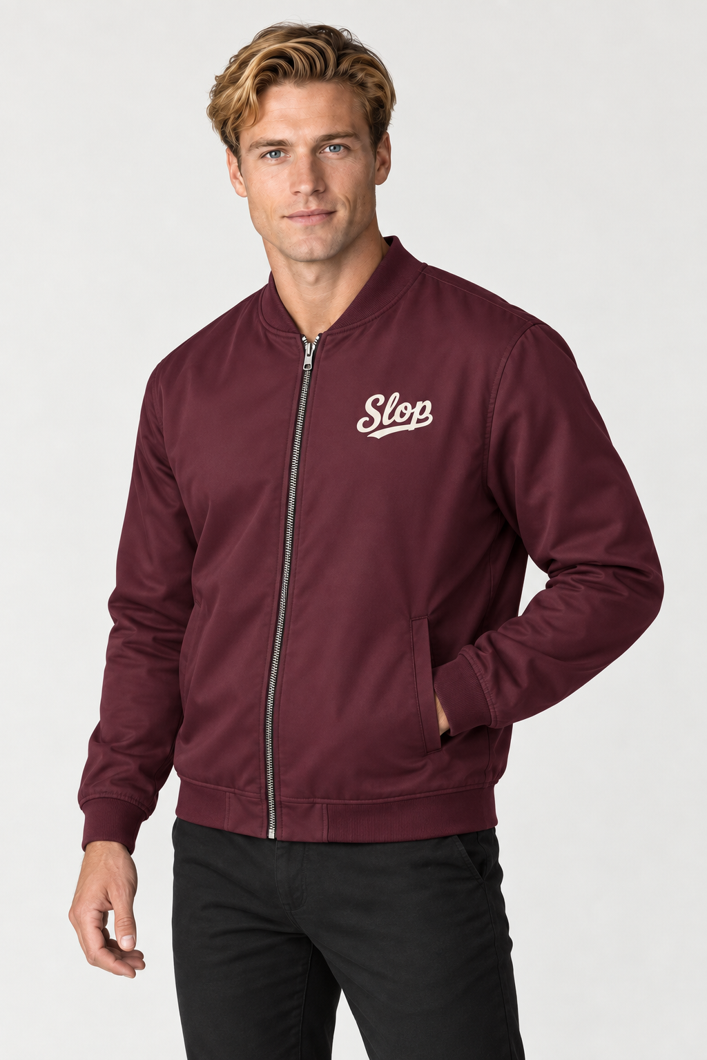 Man wearing the Slop Script Bomber Jacket in Oxblood