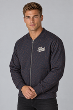 Man wearing the Slop Script Bomber Jacket in Midnight Copper Paisley