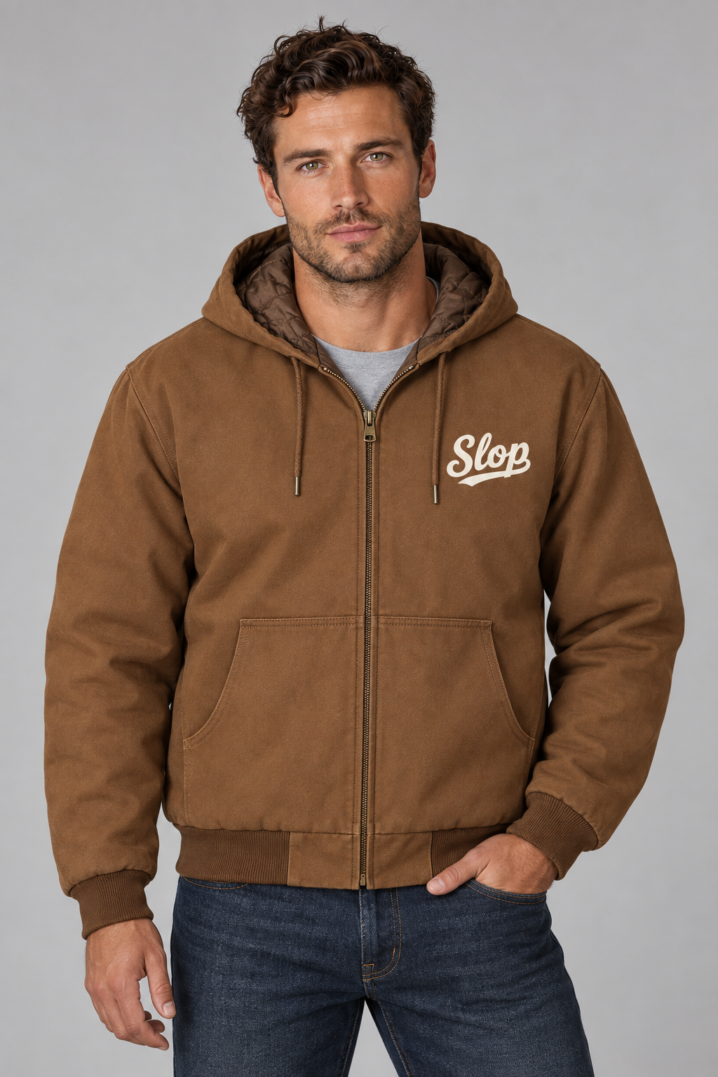 Man wearing the Slop Script Duck Work Jacket in Duck Brown