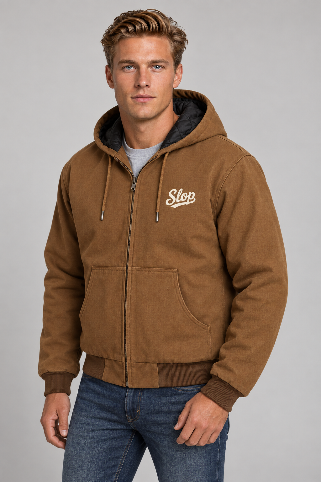 Man wearing the Slop Script Duck Work Jacket in Duck Brown