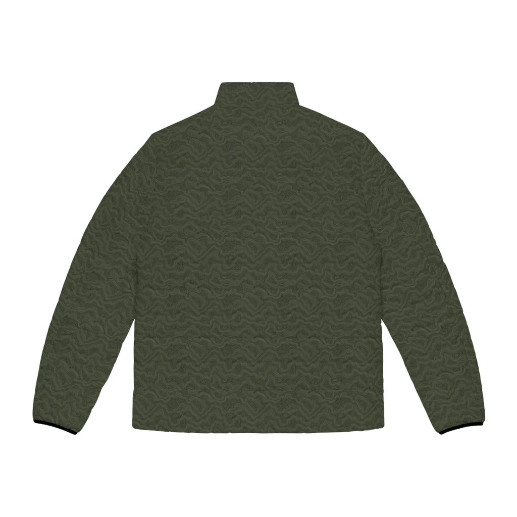 Slop Script Puffer Jacket in Olive Topo, back view