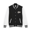 Ivory Script Varsity Jacket in Jet Black/Arctic White, front view with the ivory Slop script on the left chest