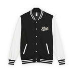 Ivory Script Varsity Jacket in Jet Black/Arctic White, front view with the ivory Slop script on the left chest