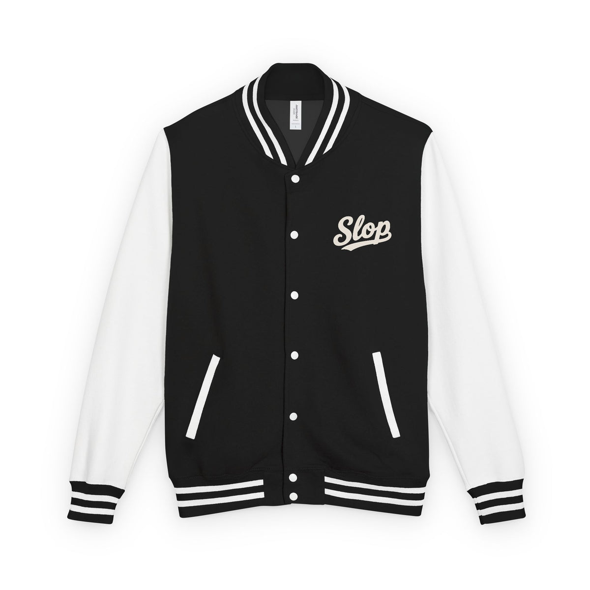 Ivory Script Varsity Jacket in Jet Black/Arctic White, front view with the ivory Slop script on the left chest
