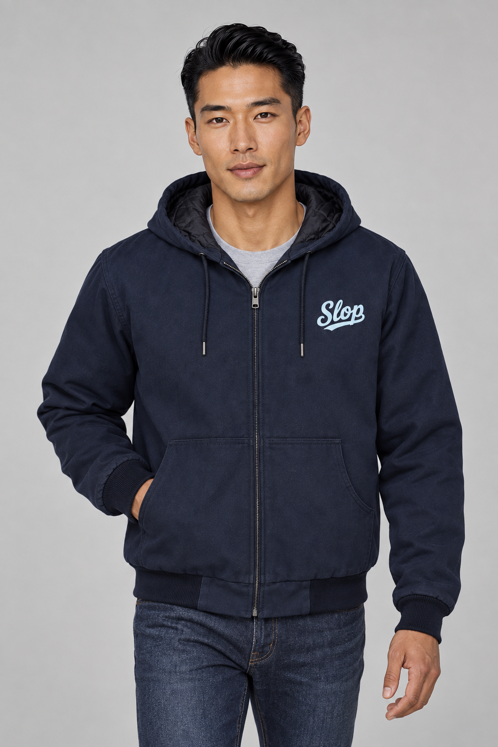 Man wearing the Slop Script Duck Work Jacket in Navy
