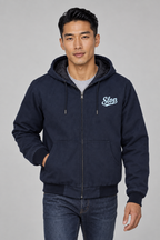 Man wearing the Slop Script Duck Work Jacket in Navy