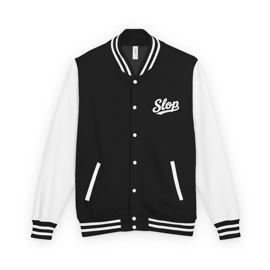 Slop Script Varsity Jacket - Jet Black/Arctic White - Garment front with white Slop script