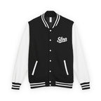 Slop Script Varsity Jacket - Jet Black/Arctic White - Garment front with white Slop script