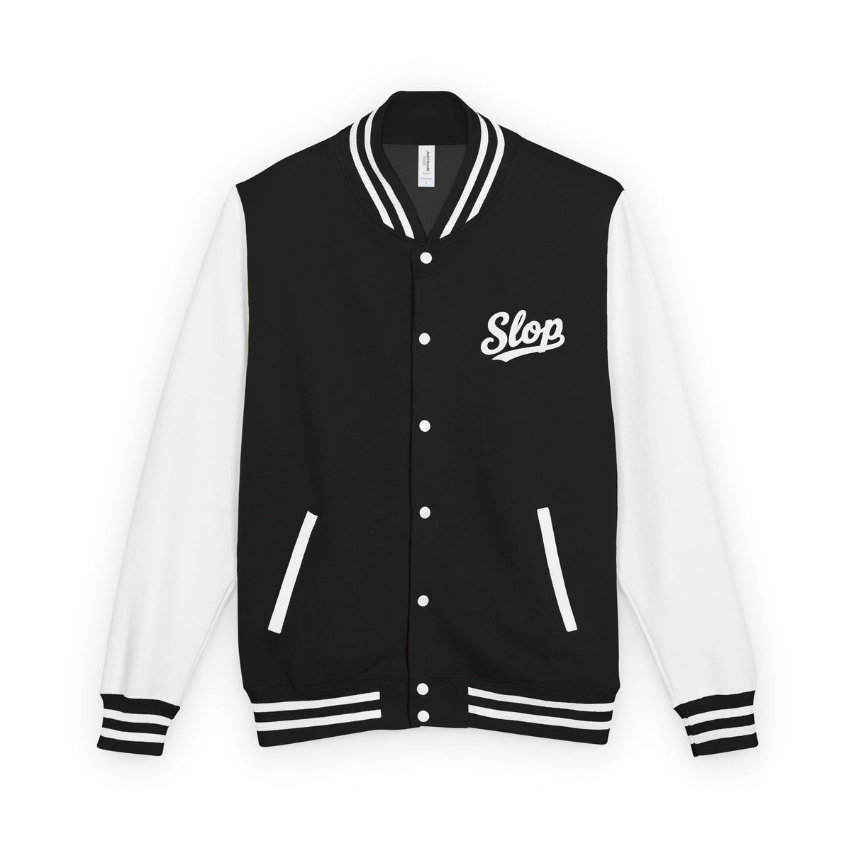 Slop Script Varsity Jacket - Jet Black/Arctic White - Garment front with white Slop script