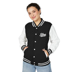 Slop Script Varsity Jacket - Jet Black/Arctic White - Woman model front with white Slop script