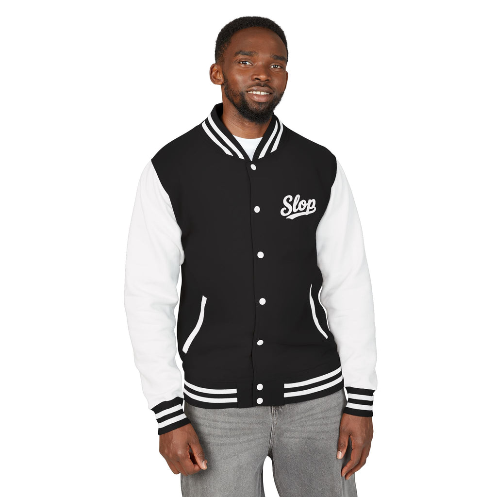 Slop Script Varsity Jacket - Jet Black/Arctic White - Man model front with white Slop script