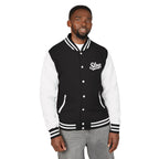 Slop Script Varsity Jacket - Jet Black/Arctic White - Man model front with white Slop script