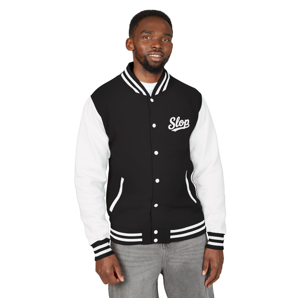 Slop Script Varsity Jacket - Jet Black/Arctic White - Man model front with white Slop script