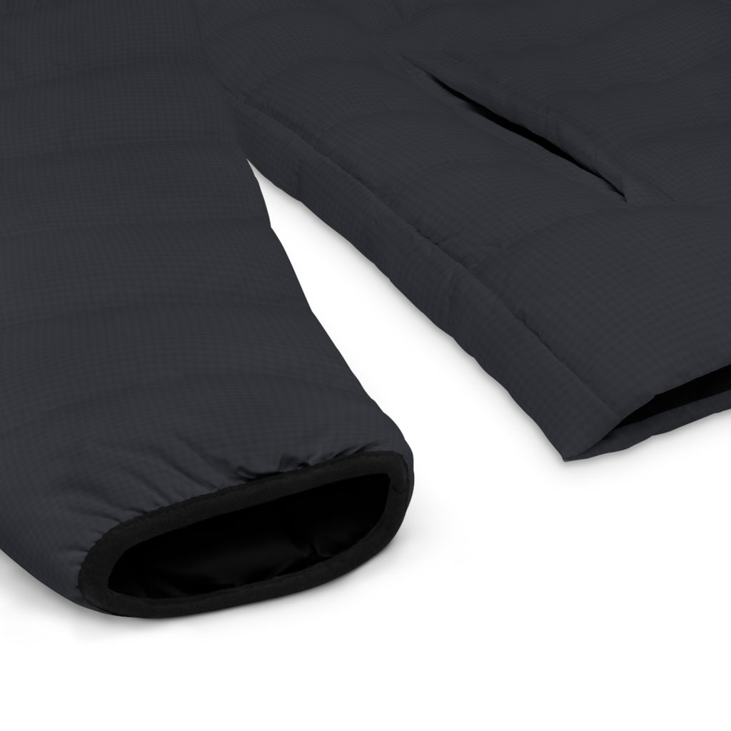 Slop Script Puffer Jacket in Charcoal Microcheck, cuff and hem detail