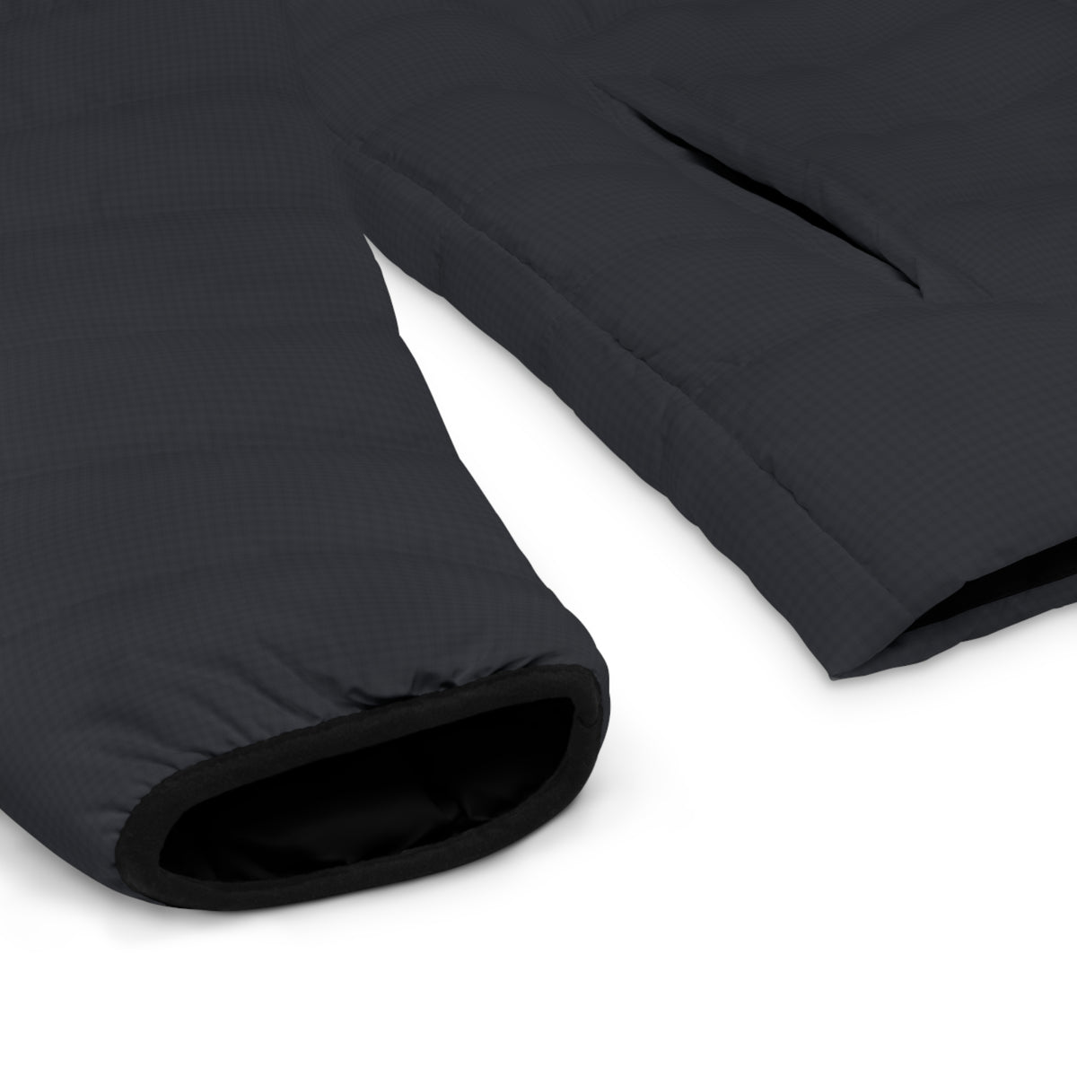 Slop Script Puffer Jacket in Charcoal Microcheck, cuff and hem detail