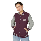 Woman wearing the Ivory Script Varsity Jacket in Burgundy/Heather Grey