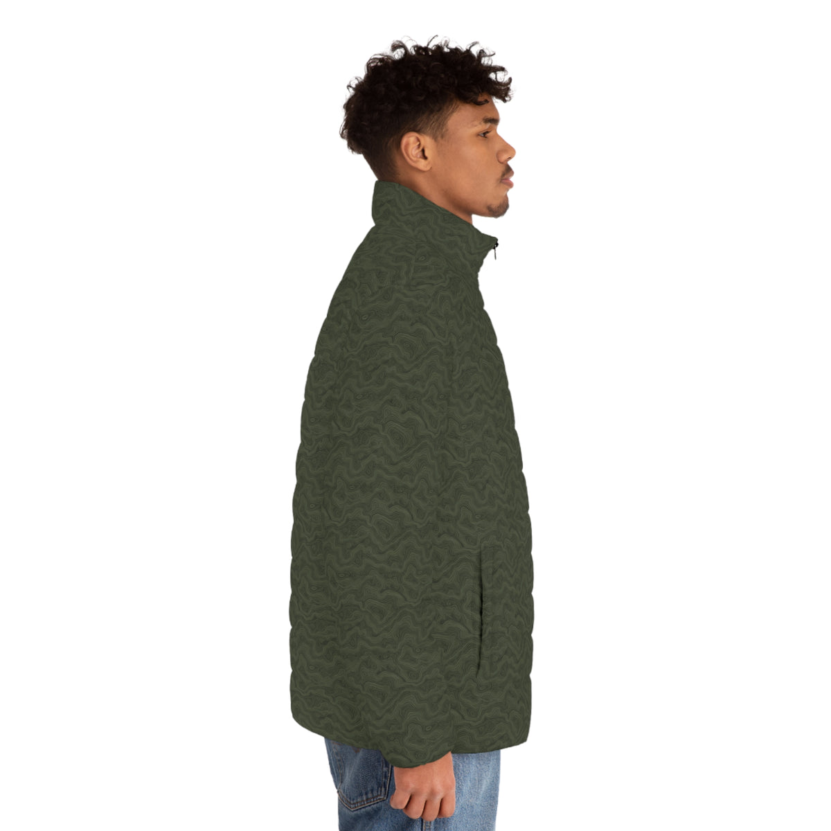 Slop Script Puffer Jacket in Olive Topo, side view