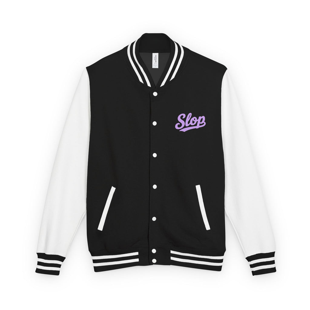 Lilac Script Varsity Jacket in Jet Black/Arctic White, front view with the pale lilac Slop script on the left chest