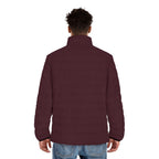 Model wearing the Slop Script Puffer Jacket in Burgundy / Blush, back view
