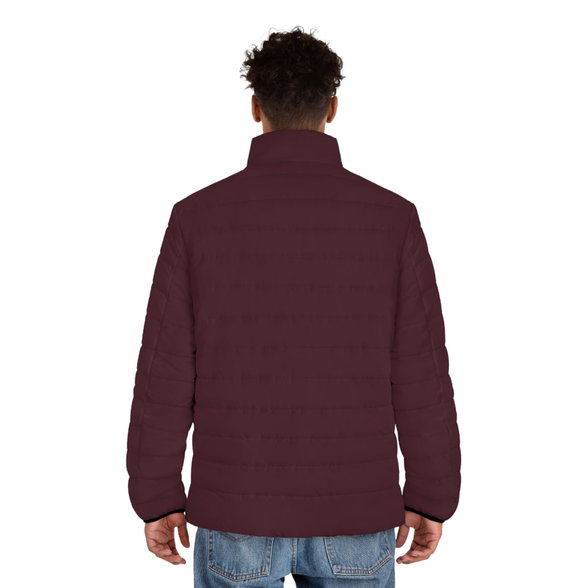 Model wearing the Slop Script Puffer Jacket in Burgundy / Blush, back view