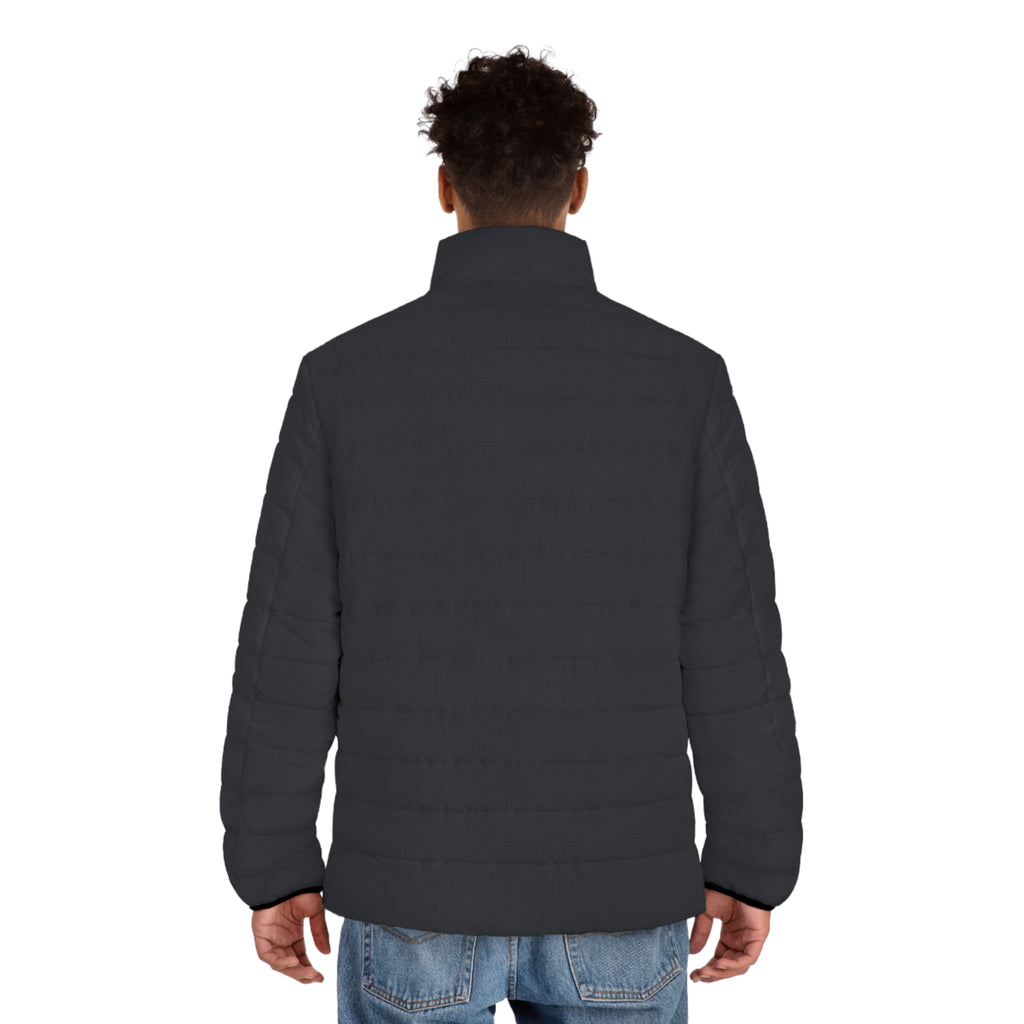 Model wearing the Slop Script Puffer Jacket in Charcoal Microcheck, back view