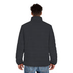 Model wearing the Slop Script Puffer Jacket in Charcoal Microcheck, back view