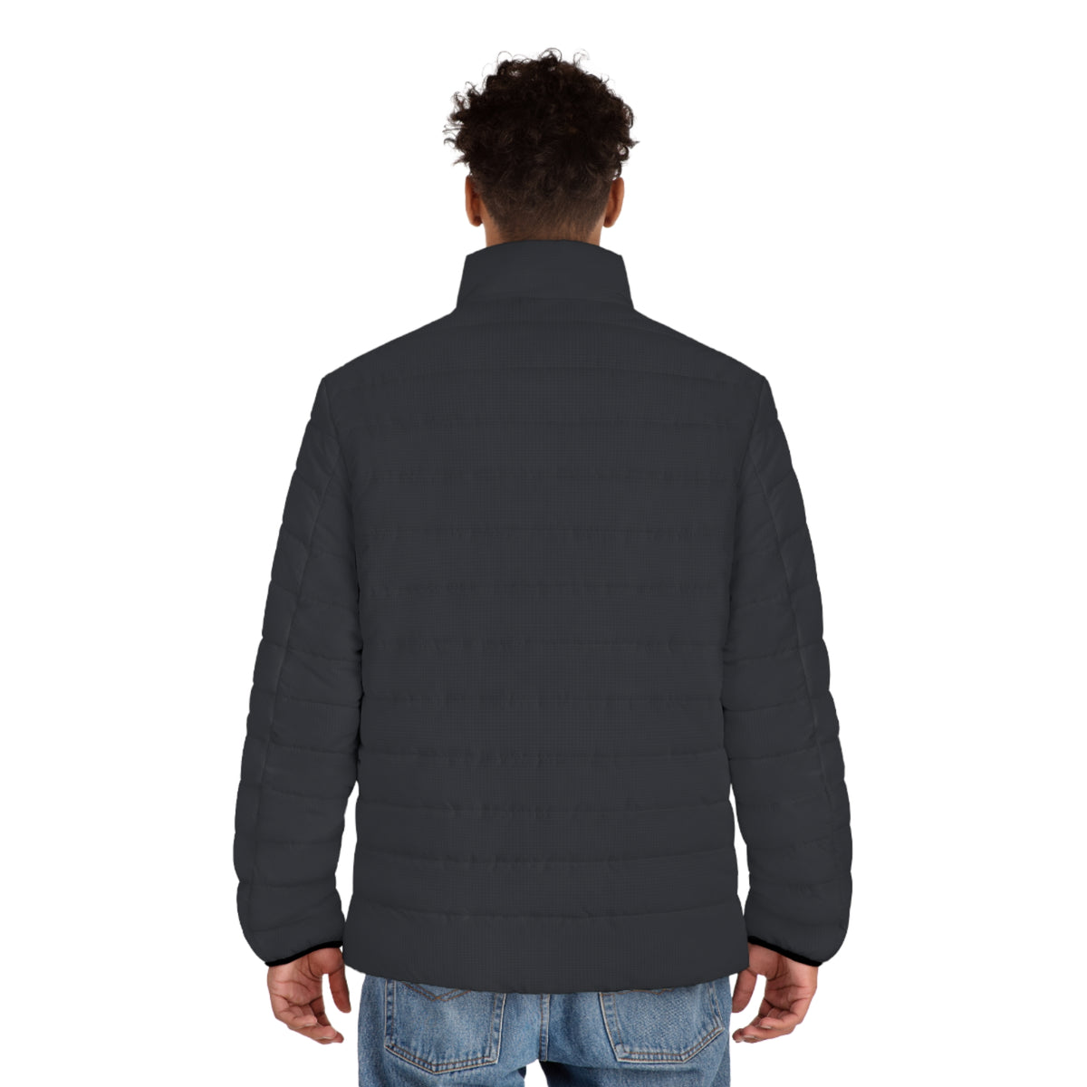 Model wearing the Slop Script Puffer Jacket in Charcoal Microcheck, back view