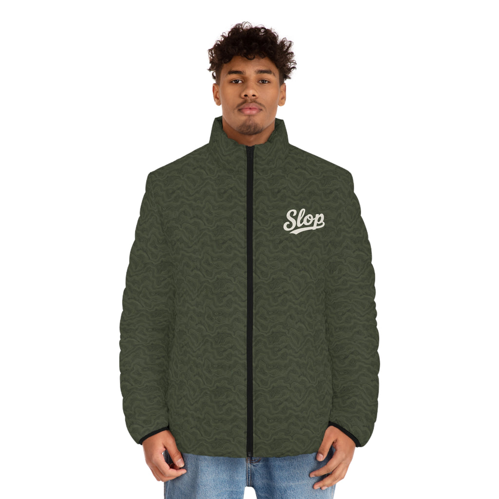 Model wearing the Slop Script Puffer Jacket in Olive Topo