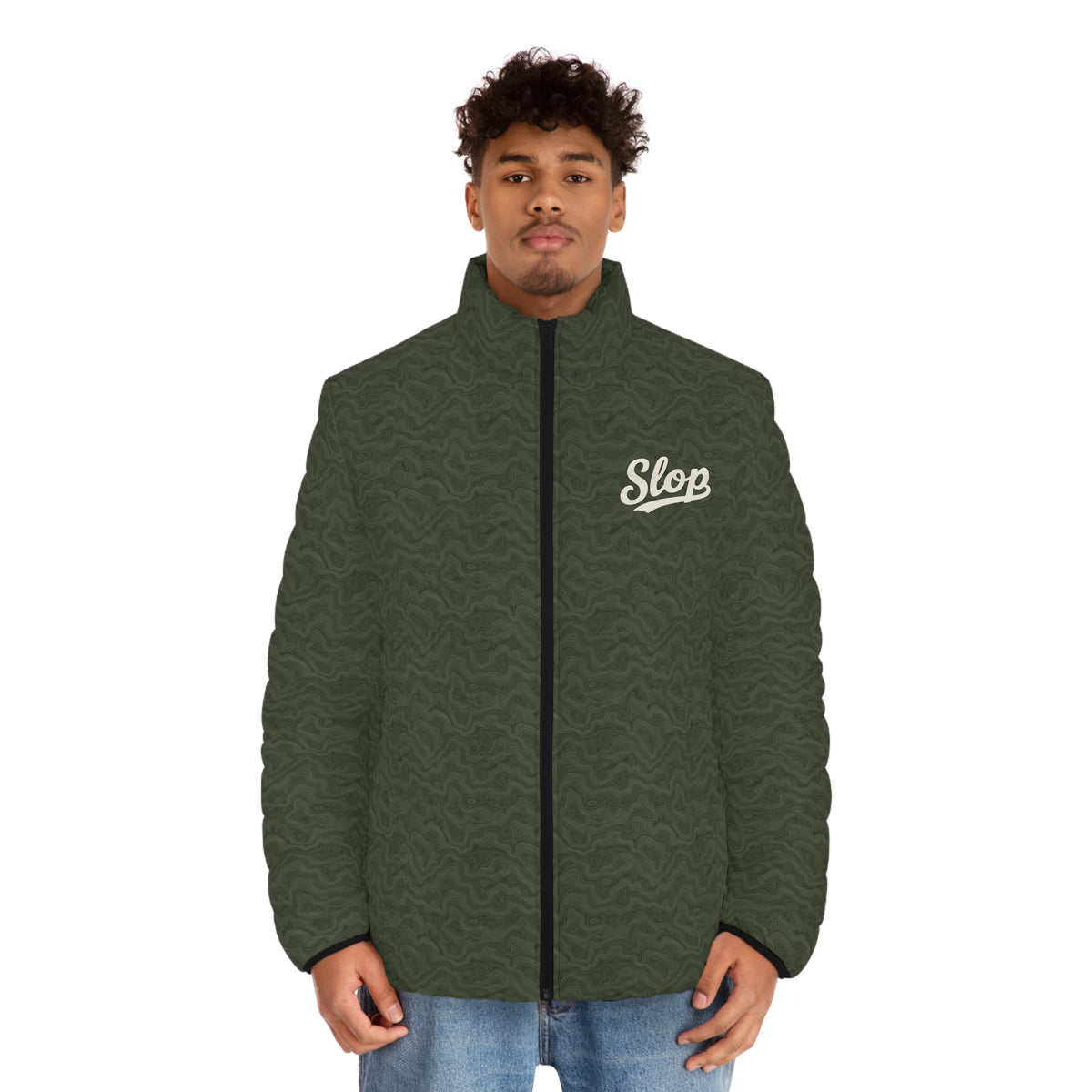 Model wearing the Slop Script Puffer Jacket in Olive Topo