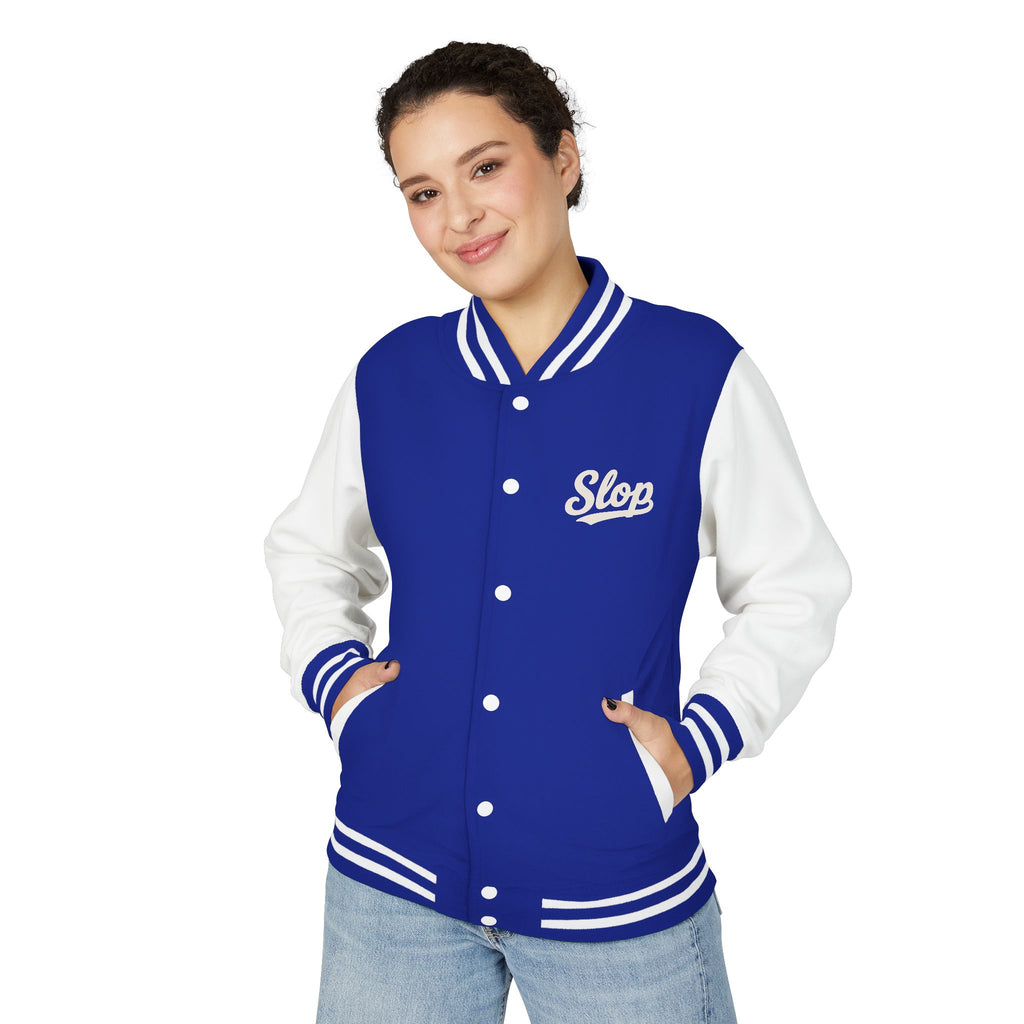 Woman wearing the Ivory Script Varsity Jacket in Royal Blue/Arctic White