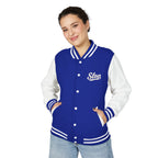 Woman wearing the Ivory Script Varsity Jacket in Royal Blue/Arctic White