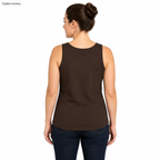 Dirty Habits Women's Tank — Espresso — adult digital model rear view; exact Bella + Canvas 1475 with the current plain back; digital mockup; garment only, styling bottoms excluded.