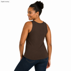 Dirty Habits Women's Tank — Espresso — adult digital model rear three-quarter view; exact Bella + Canvas 1475 with the current plain back; digital mockup; garment only, styling bottoms excluded.