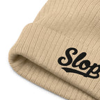 Slop Script Cuffed Beanie — Beige / Black — Beige / Black beanie — embroidery detail
