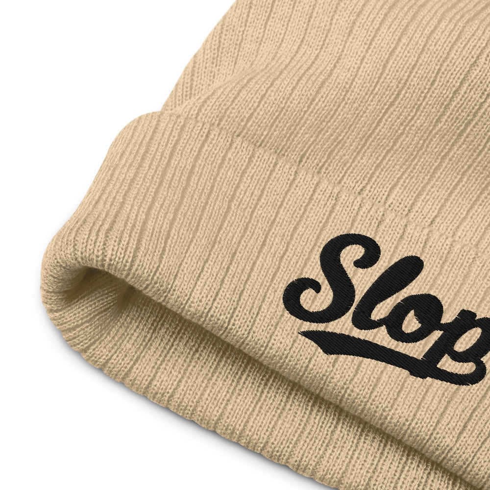 Slop Script Cuffed Beanie — Beige / Black — Beige / Black beanie — embroidery detail