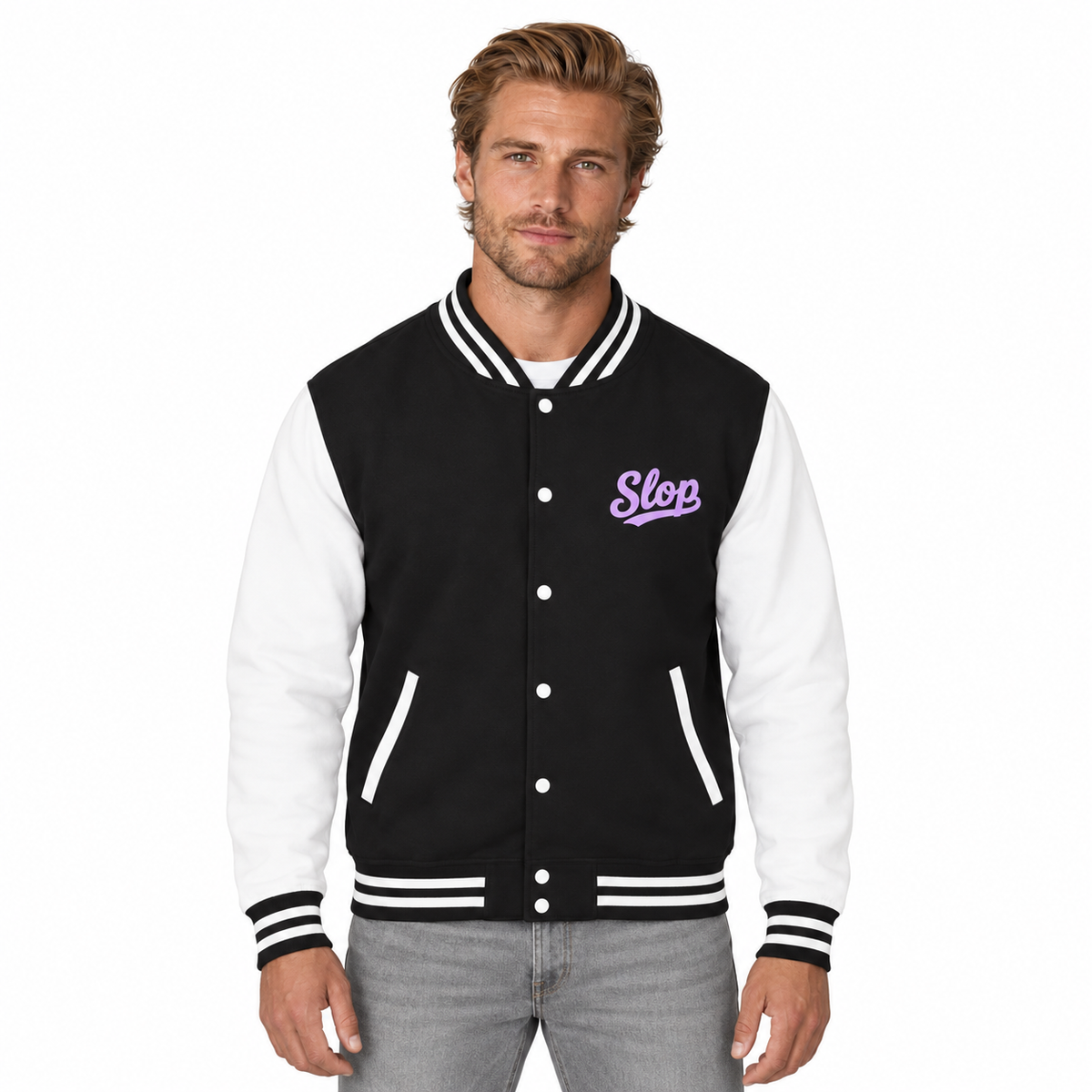 Slop Script Varsity Jacket — Lilac Script, worn by a model