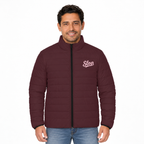 Slop Script Puffer Jacket — Burgundy / Blush, worn by a model